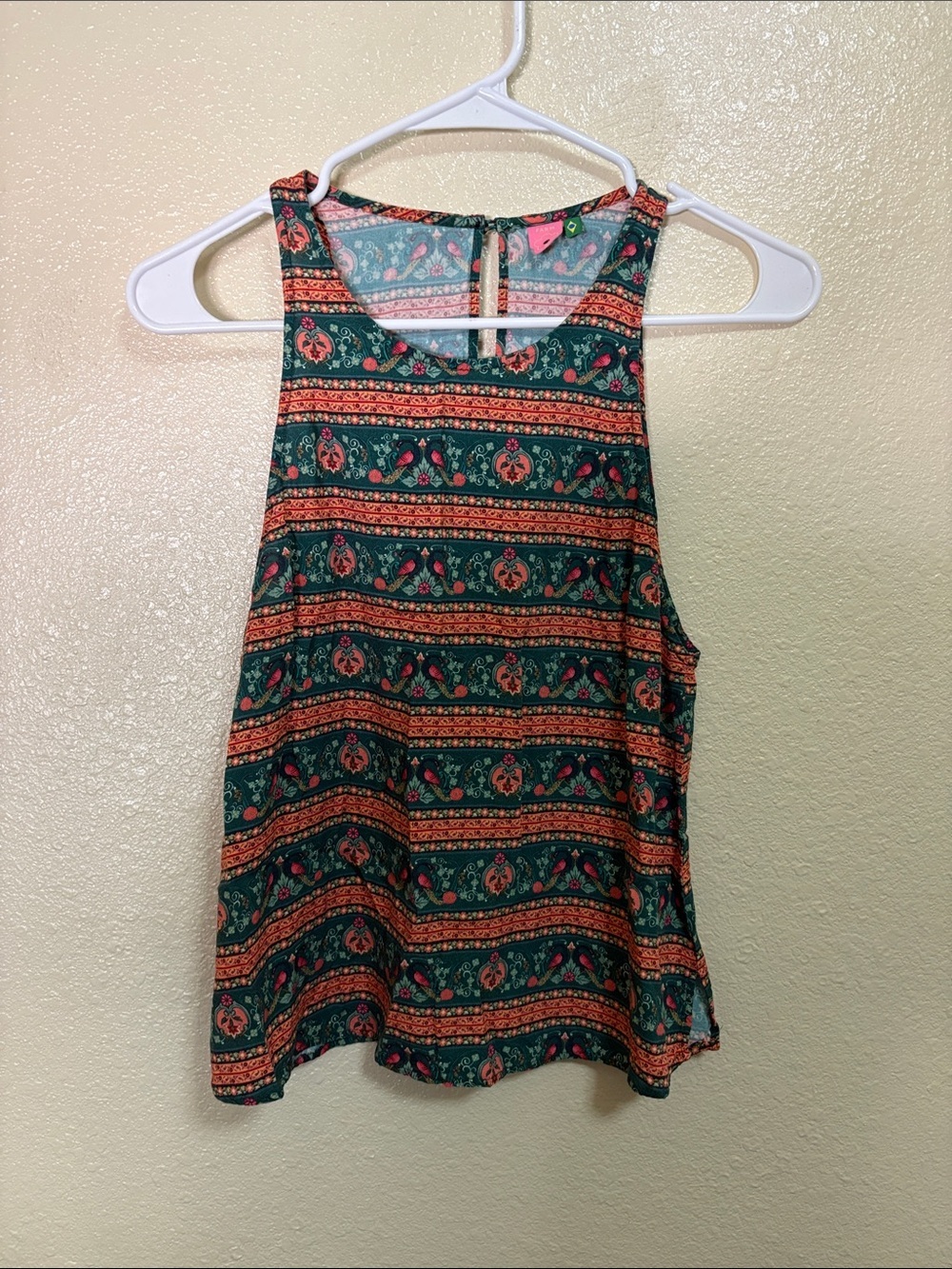FARM Rio Green Tank Top with Coral and Pink Stripe Print Size S